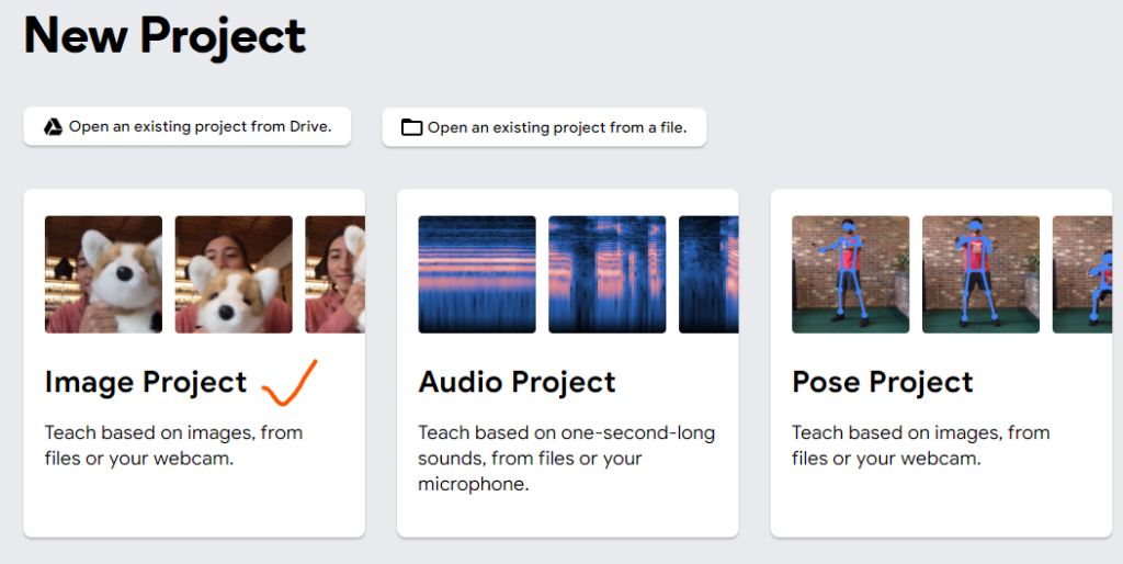 teachable machine - start a new project