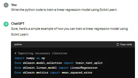 ChatGPT 3.5 generates Python code for training a linear regression model using Scikit Learn