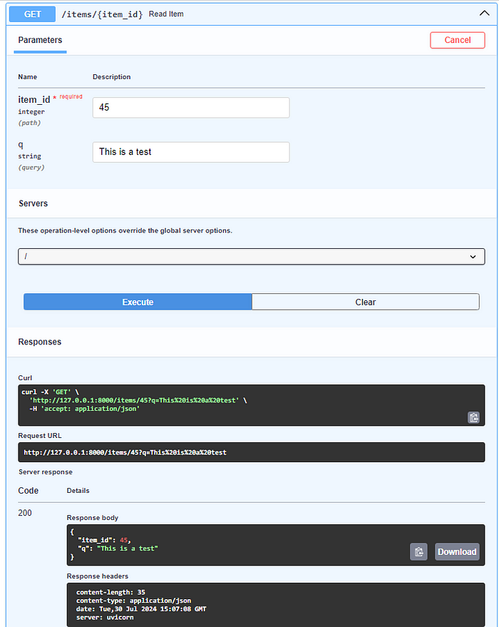 A quick test using FastAPI Swagger interface