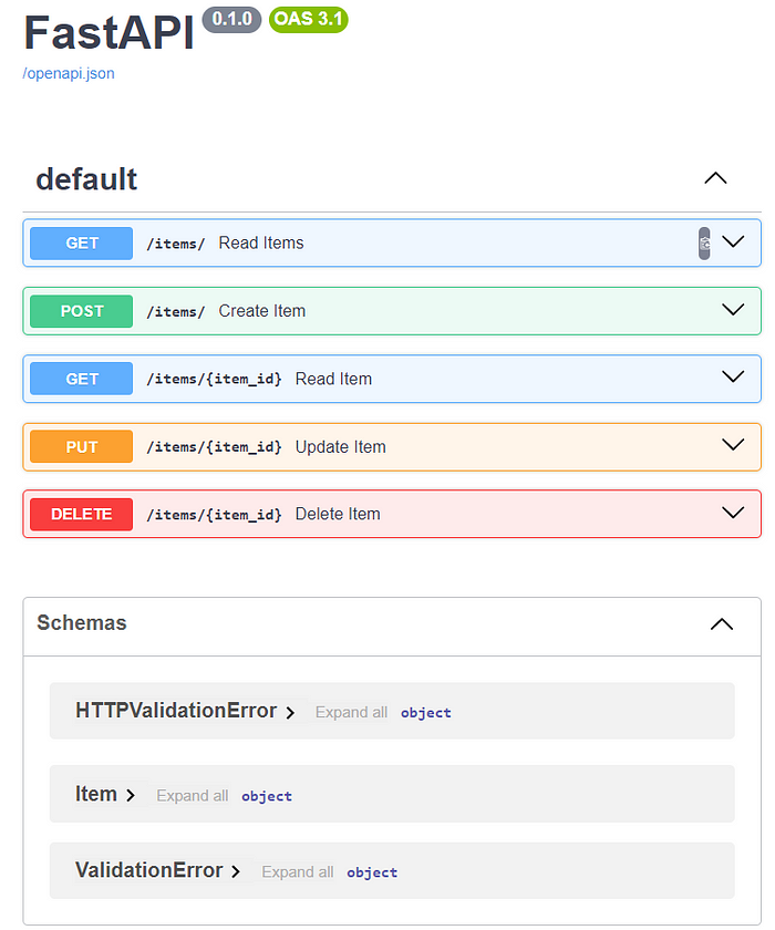 Swagger interface for a full CRUD example with FastAPI